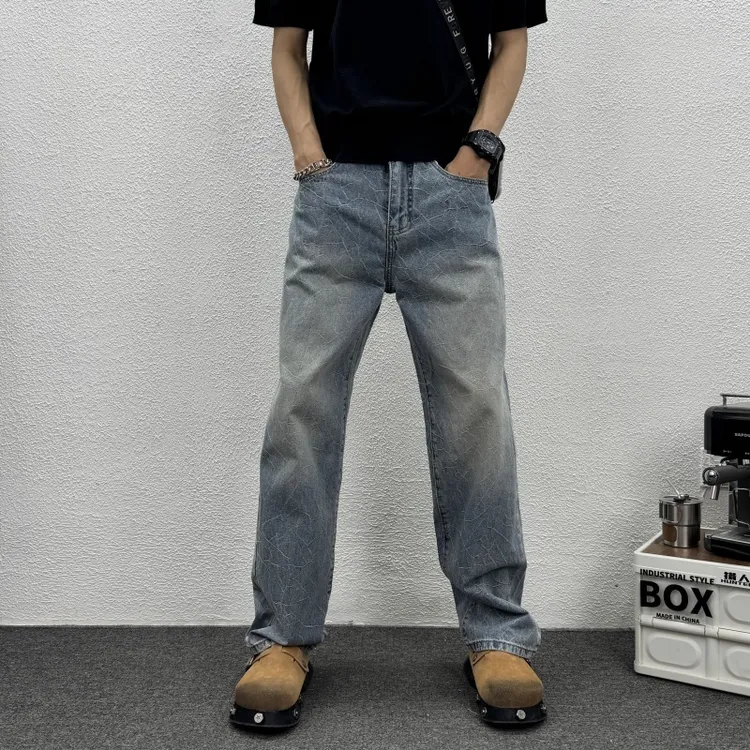裂纹纯色蓝色牛仔休闲宽松长裤新款男士秋季时尚百搭直筒长裤2025