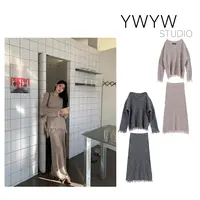 【YWYW25F/W】V领宽松螺纹流苏毛织上衣+修身弹力毛织半裙套装5665