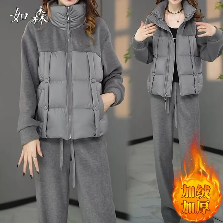 时尚休闲运动套装女秋冬装新款拼接棉衣加厚外套加绒直筒裤两件套