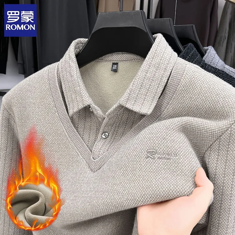 罗蒙加绒加厚针织衫男士冬季衬衫领毛衣男休闲高端打底假两件上衣
