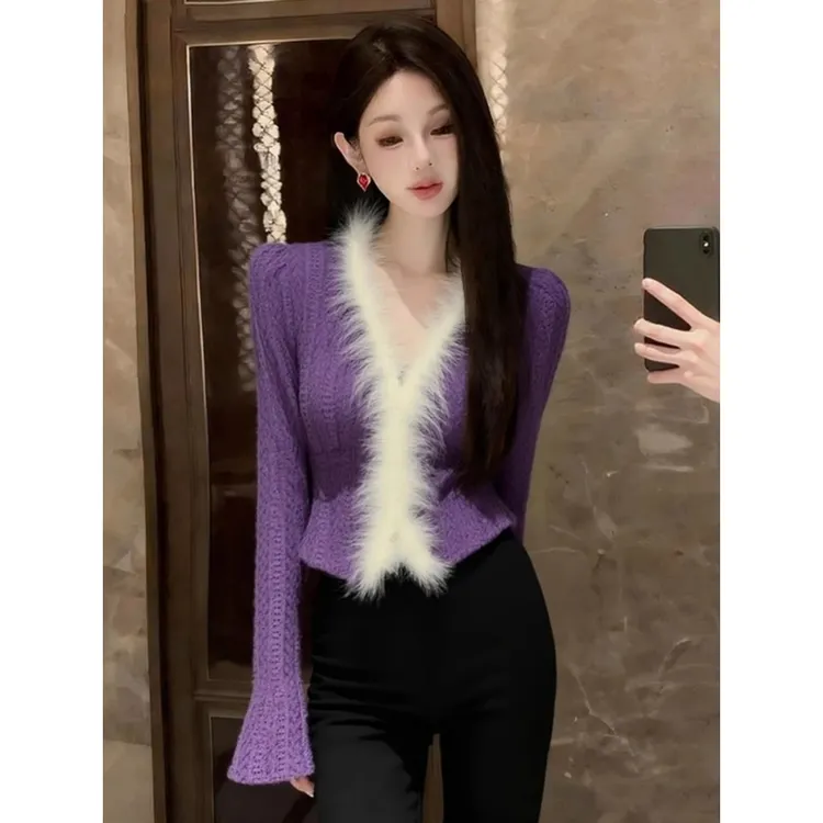 紫色毛领拼接V领轻熟风御姐针织衫女2026秋冬季巨好看氛围感上衣