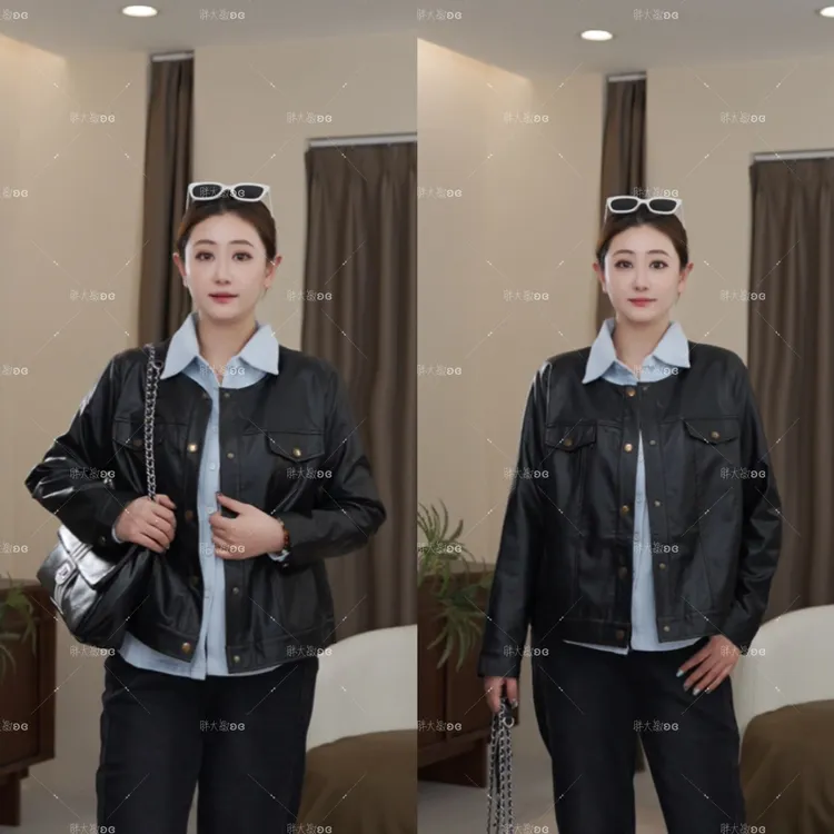 【秋款上新】PDM22579秋季新款复古宽松显瘦圆领夹克大码女装皮衣