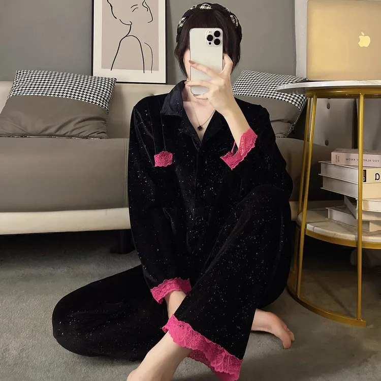 金丝绒睡衣女秋冬季长袖开衫长裤性感蕾丝高级感纯欲风家居服套装