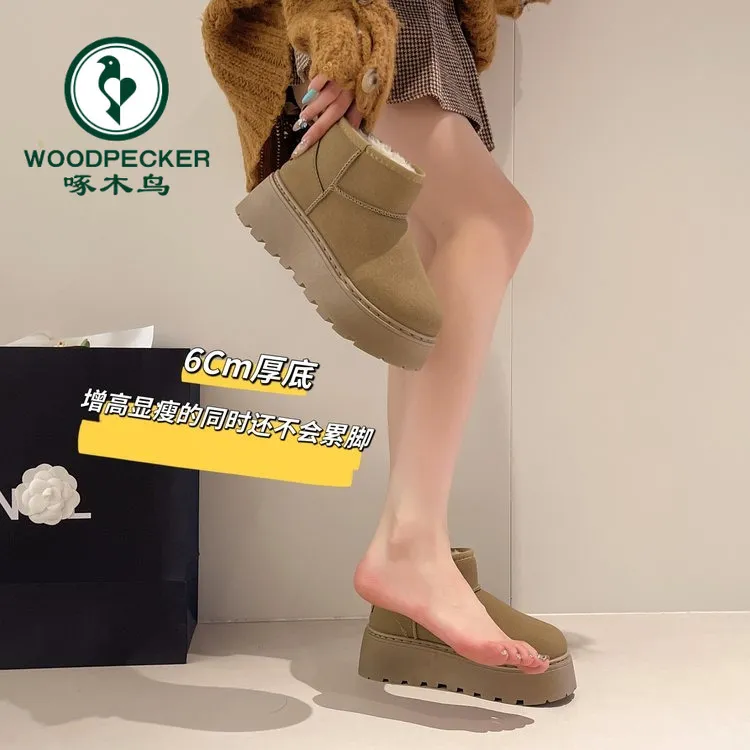 啄木鸟厚底增高6cm加厚雪地靴女冬新款加绒短靴潮东北面包棉鞋女