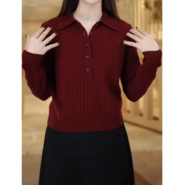 秋冬新款套头衬衫领毛衣女士宽松显瘦洋气针织打底衫百搭减龄上衣