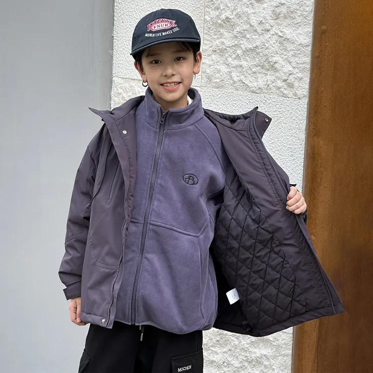 男童加厚加绒冲锋衣外套2025年冬季中大男童三合一工装外套可脱卸