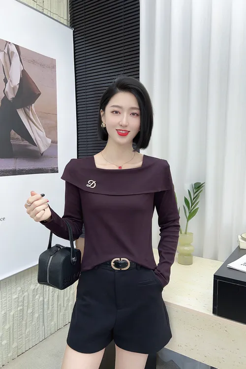 6806秋季时尚高级感轻奢显瘦洋气百搭一字领女士长袖上衣