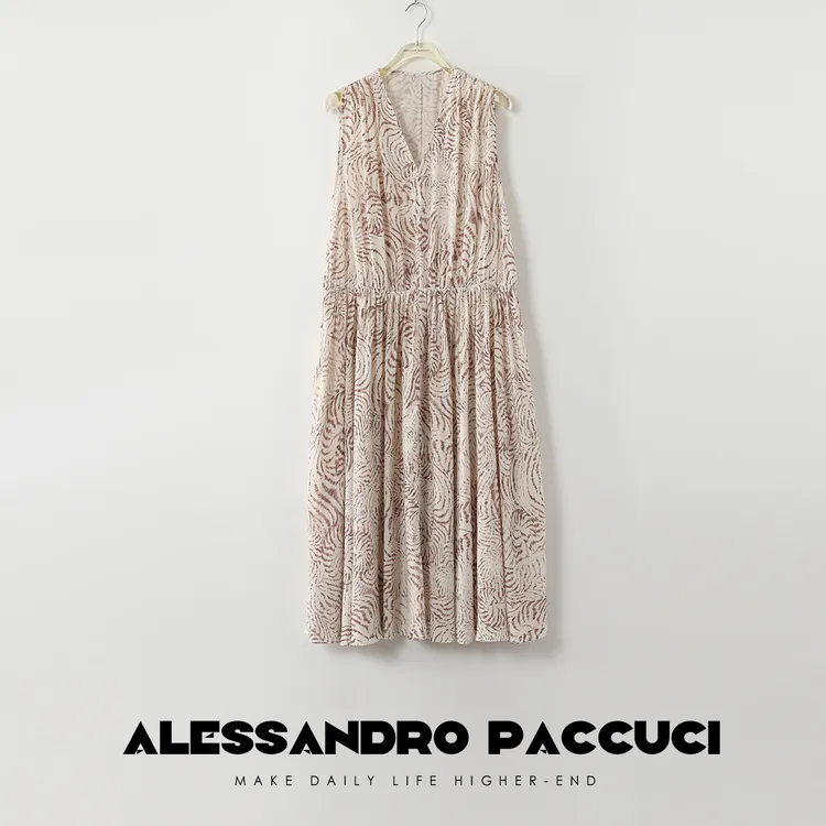 AP洛哥42090LL莱赛尔天丝米色斑马纹印花V领无袖时尚夏季连衣裙
