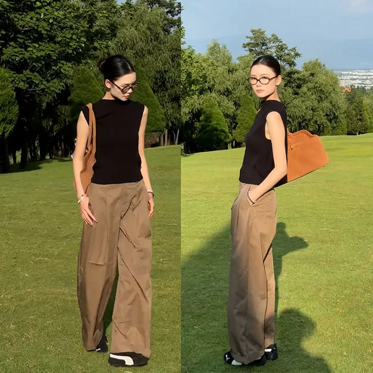 2025夏季超火一整套气质通勤无袖针织上衣高腰休闲裤显瘦两件套