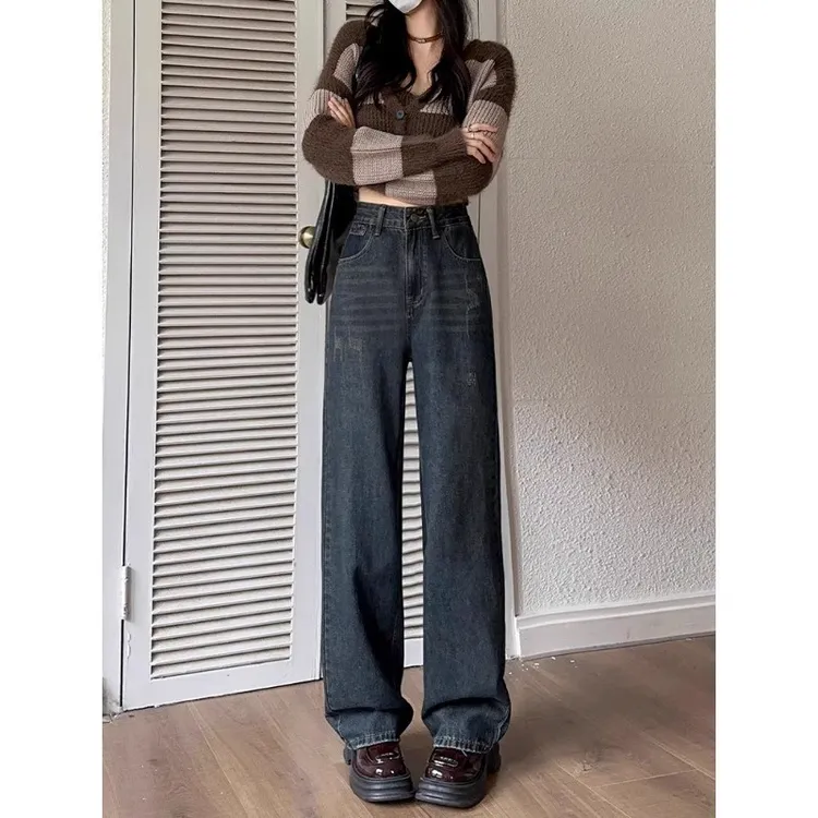 春季牛仔裤水泥灰百搭宽松显瘦女高腰直筒新款小个子潮流阔腿裤子