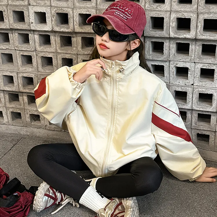 女童夹克外套秋季2025新款中大童复古撞色宽松版运动休闲上衣潮流