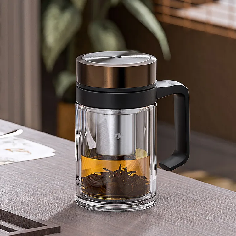 万象茶杯大容量高档家用双层玻璃杯泡茶男士送礼耐热带把手办公杯