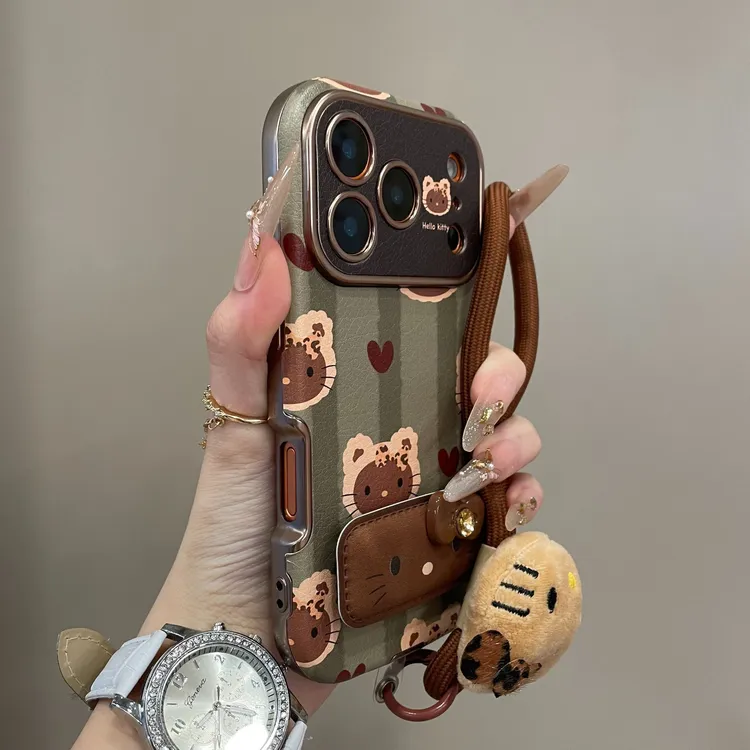 秋冬绿底条纹KT猫挂绳适用苹果17promax手机壳16时尚15pro女14pm