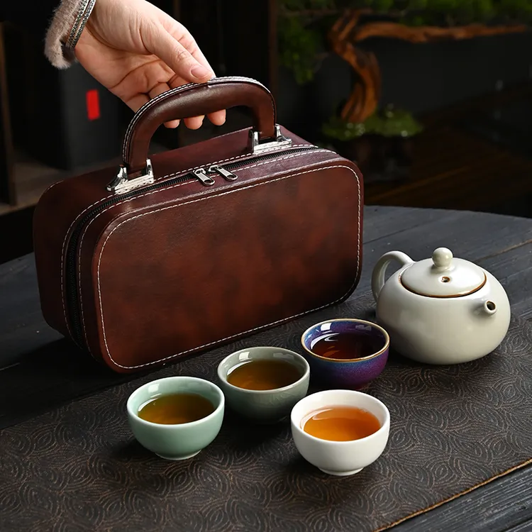 汝窑便携式旅行茶具小套装陶瓷户外露营车载简约一壶四杯茶壶茶杯