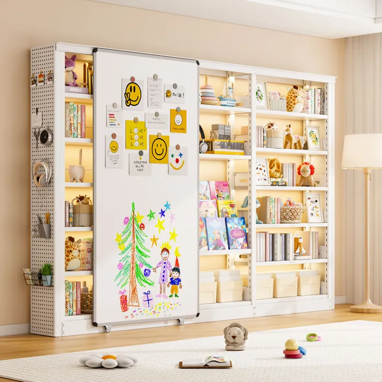 钢制图书馆书架白板门绘本收纳架家用儿童防尘书柜靠墙一体储物架