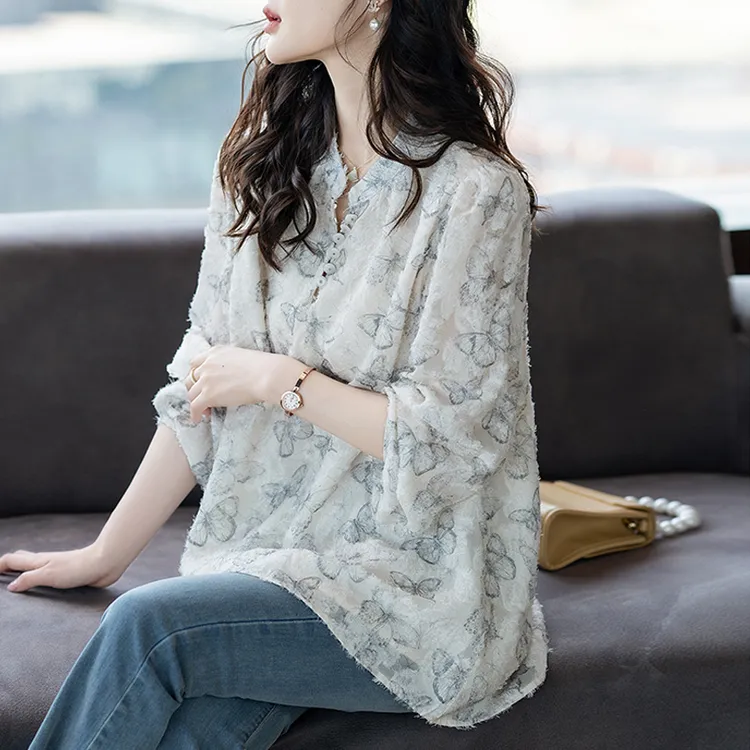 时尚国风立领长袖衬衣2025春季新中式水墨印蝴蝶剪花休闲减龄衬衫