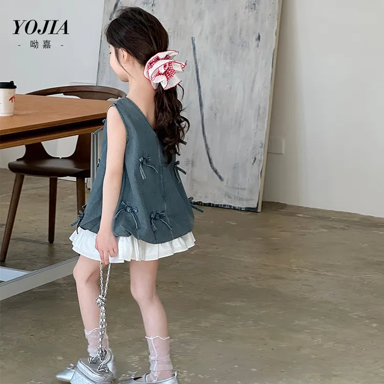 YOJIA女童牛仔背心夏款2025新款韩版甜美女大童无袖上衣儿童夏装