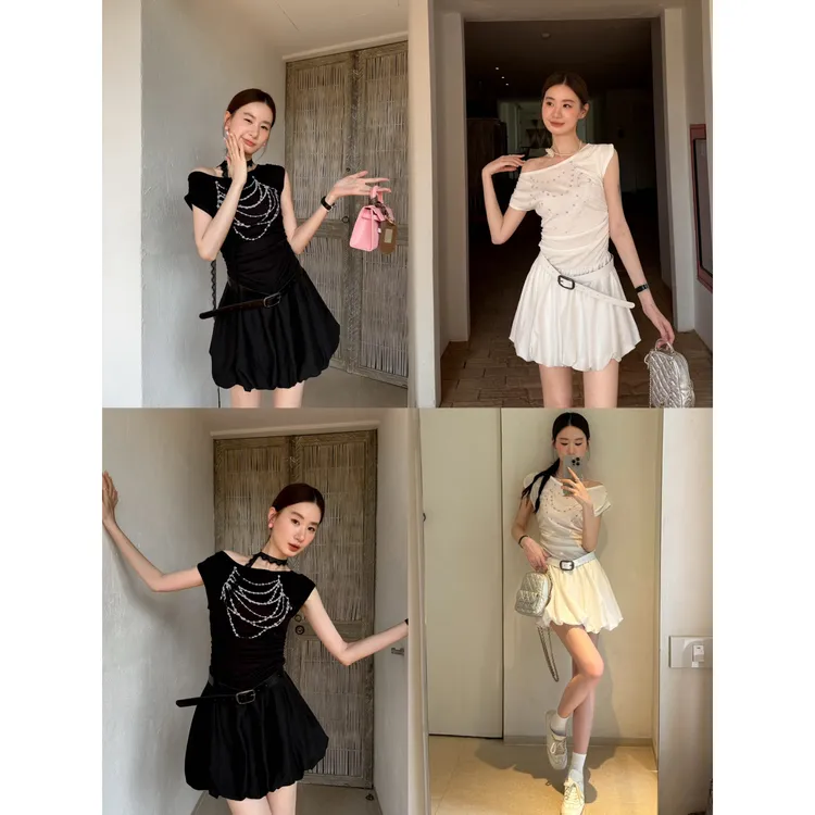 ZY GODDESS网红辣妹风斜肩珍珠项链印花褶皱蓬蓬公主连衣裙配腰带