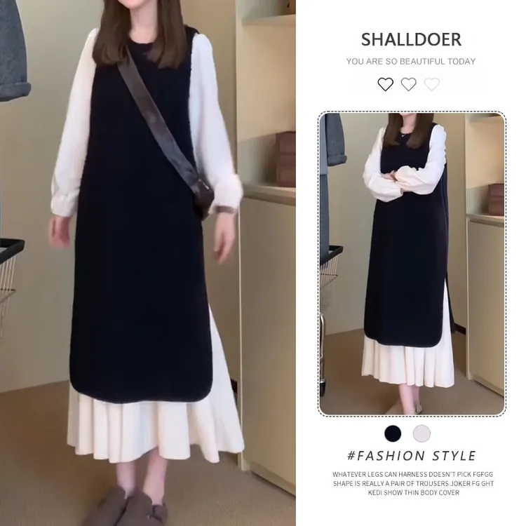 2025年初秋新款中长款韩版简约气质风拼接连衣裙女士时尚百搭裙子