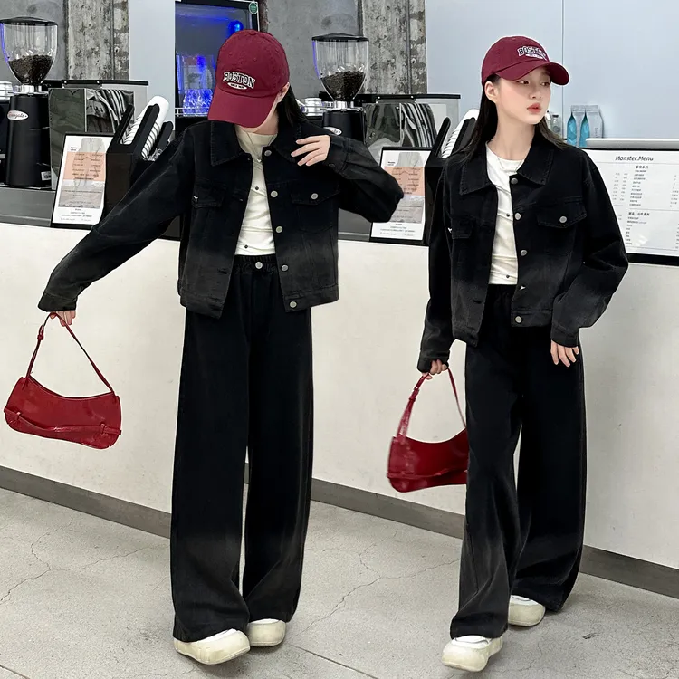 女童秋季渐变牛仔套装2025新款儿童休闲外套高腰阔腿裤潮酷两件套