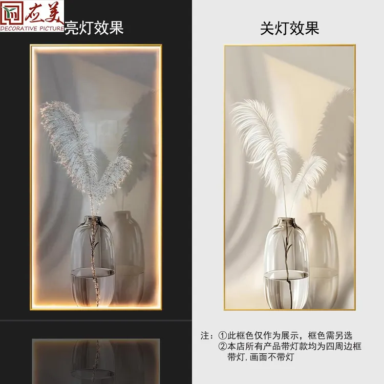 入户玄关装饰画背景墙走廊客厅鱼挂画现代简约轻奢羽毛带灯框画