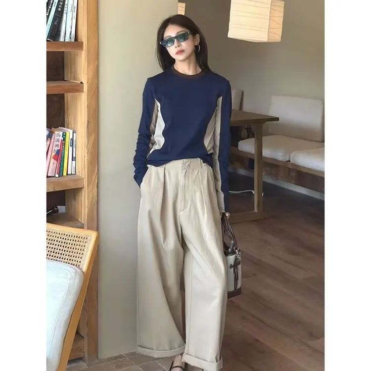 秋季韩系慵懒风长袖t恤女设计感撞色拼接打底衫时尚通勤百搭上衣