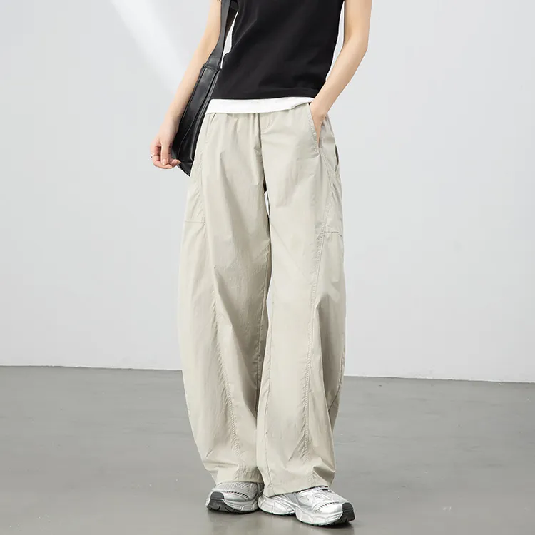 薄款拼接设计工装裤女休闲速干运动裤夏季洋气百搭宽松长裤弯刀裤