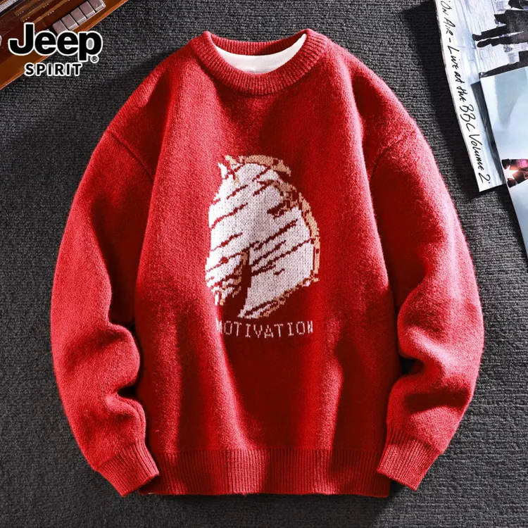 JEEPSPIRIT吉普男装秋冬潮流马年本命年针织衫男红色休闲百搭毛衣