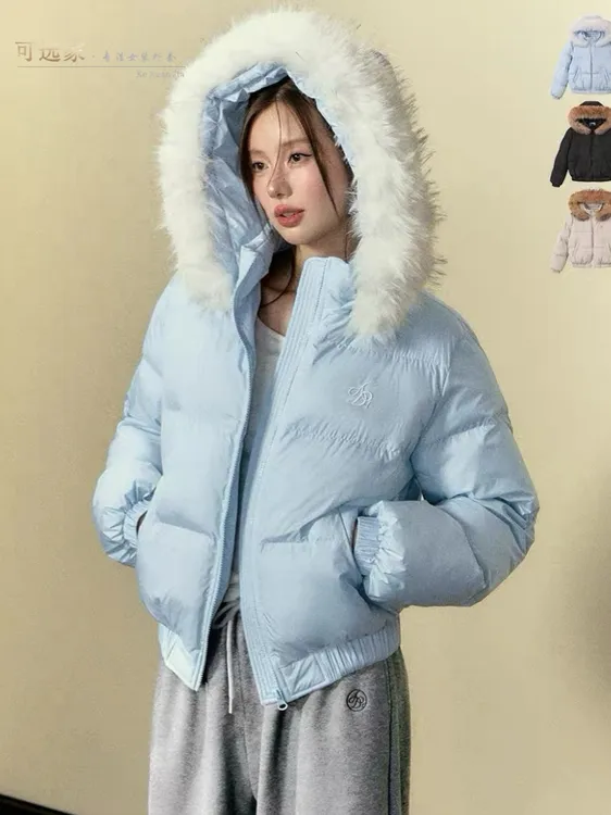 毛领连帽棉服简约百搭宽松棉服2025冬季时尚保暖加厚棉衣外套