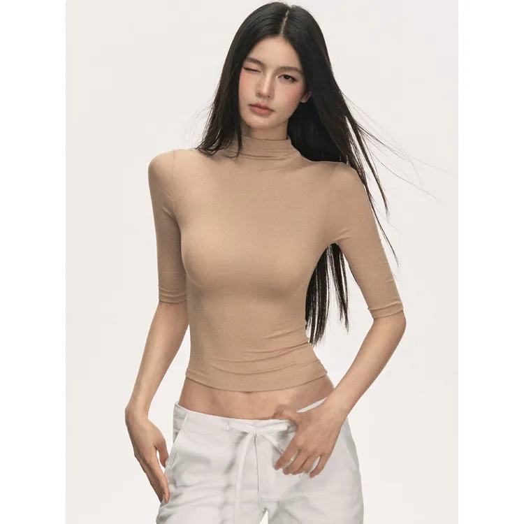 五分袖t恤女夏季七分半袖设计感小众圆领修身正肩t恤女