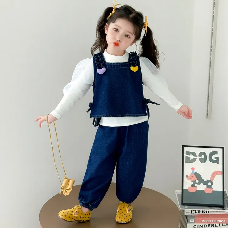 女童牛仔套装春秋款2025新款儿童时髦马甲秋装宝宝早秋女孩三件套