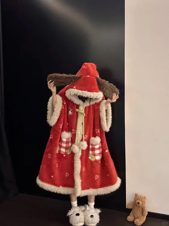 可爱风圣诞连帽新年红珊瑚绒睡袍女秋冬季加绒保暖家居睡袍可外穿