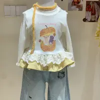 女童秋季卡通蕾丝花边上衣2025秋装新款韩版童装女宝宝牛仔裤套装