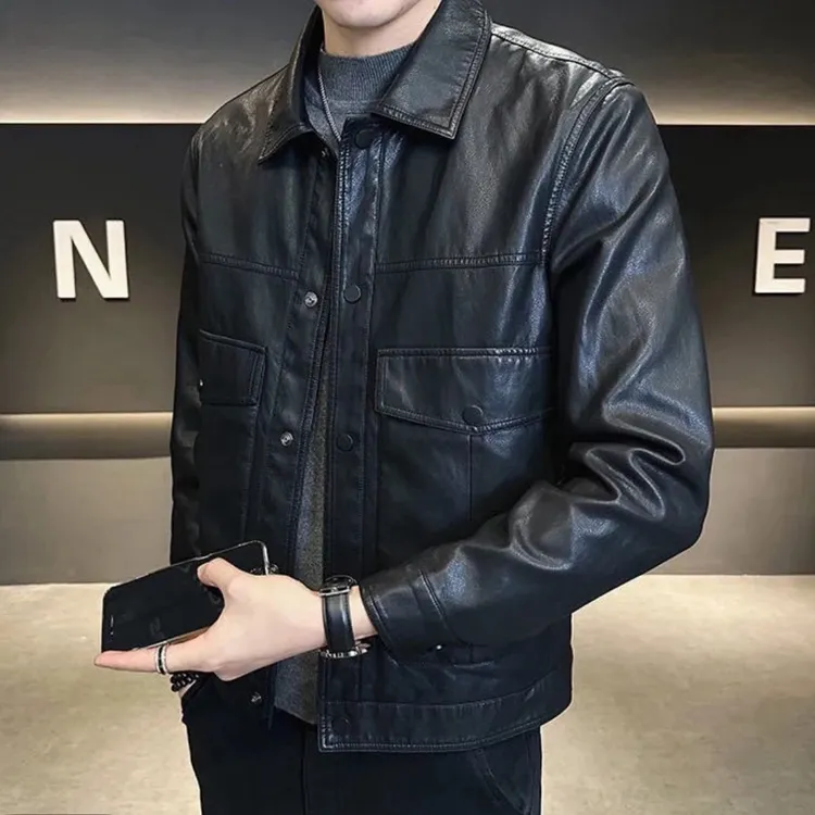 秋季新款男士皮衣翻领休闲时尚商务韩版修身潮流百搭皮夹克外套男