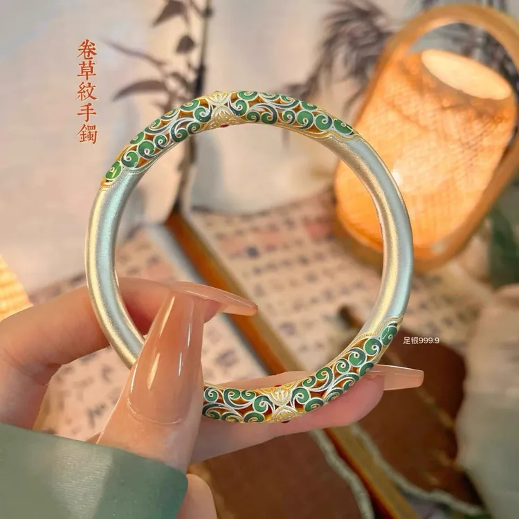 足银手镯 足银999描金珐琅卷草纹闭口手镯女中式国风百搭送女朋友