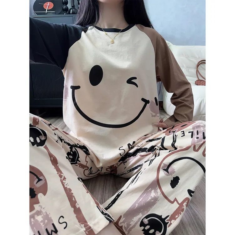 纯棉睡衣女春秋季长袖长裤休闲风套装少女秋冬全棉笑脸家居服薄款