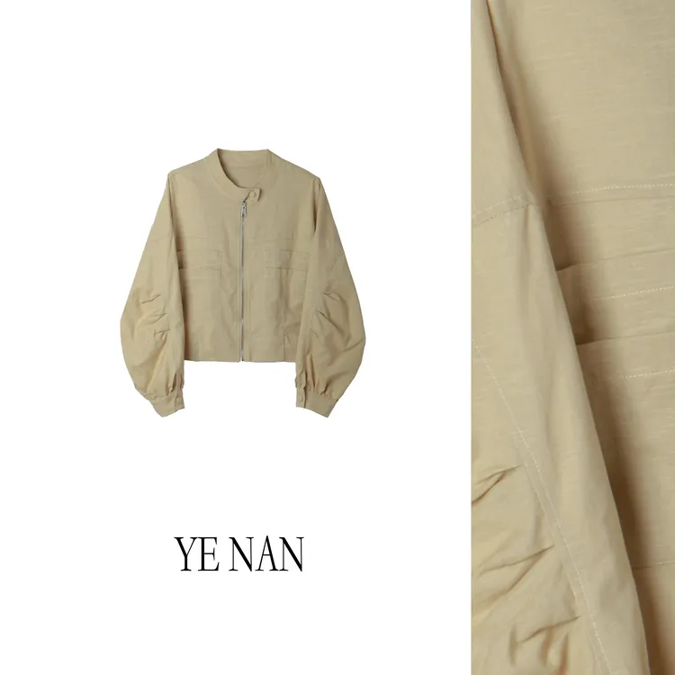 【沐沐】女装2025春季新款时尚立领双口袋袖褶皱拉链外套SY291