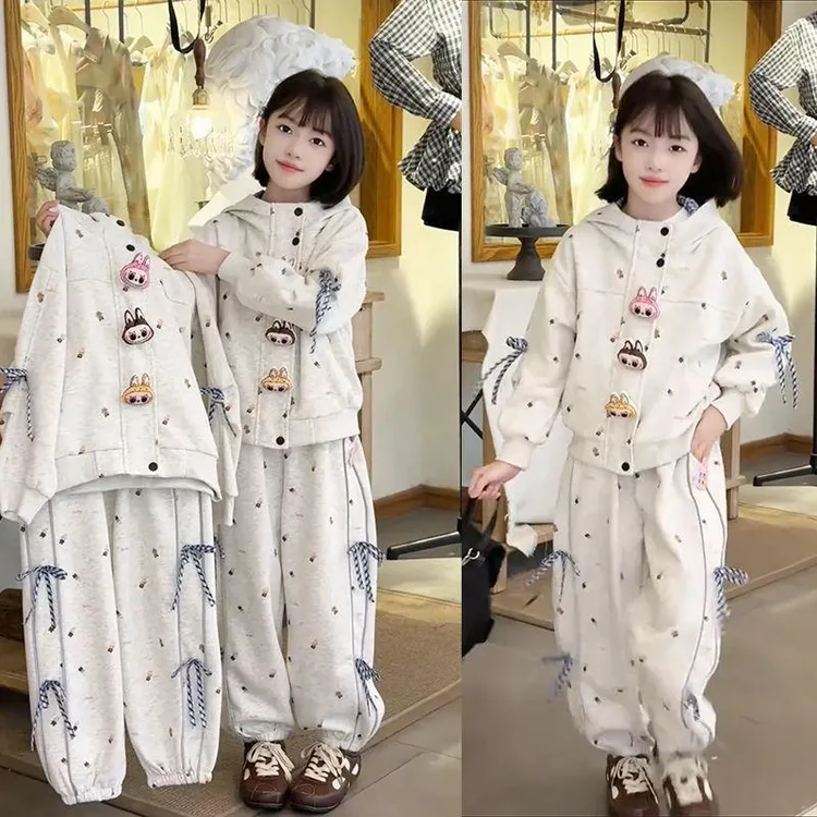 女童春秋季套装2025新款女孩洋气运动连帽开衫儿童韩版宝宝两件套