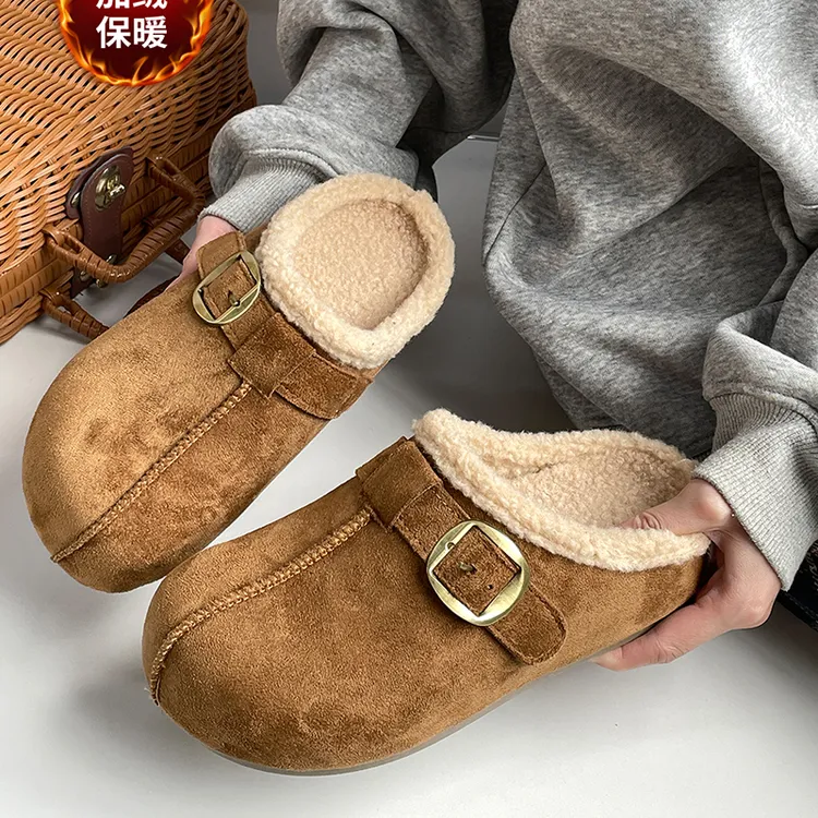驼色加绒魔术贴半拖勃肯鞋女2025冬季新款保暖外穿车缝线懒人棉鞋