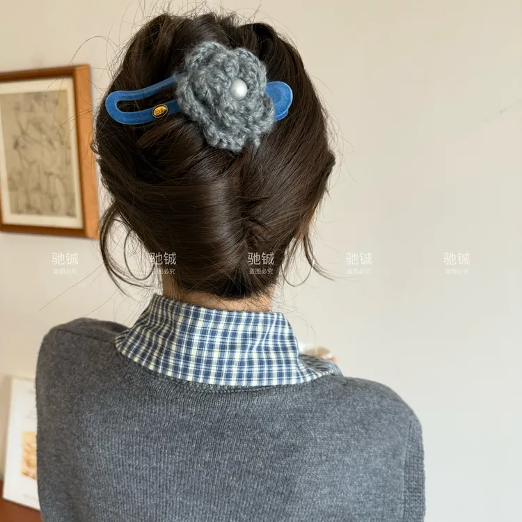 满眼心动～植绒毛线花朵鸭嘴夹韩系温柔气质后脑勺发饰手工鲨鱼夹