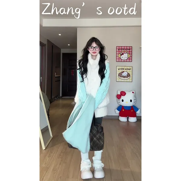 甜美立领软糯毛绒绒马甲背心女2025秋冬麻花针织开衫毛衣裙子套装