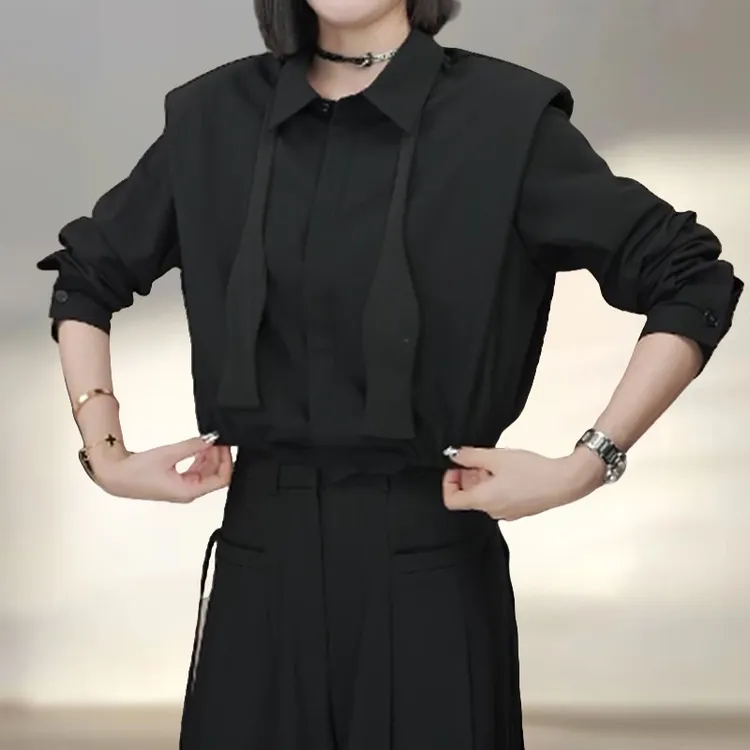 韩系早秋设计感拼接领带衬衫女松弛慵懒高级时髦显瘦单排扣上衣