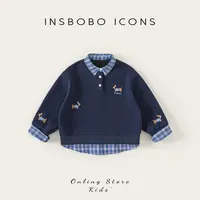 INSbobo儿童学院风卫衣秋季新品格子衬衫领洋气假两件卫衣QY65031