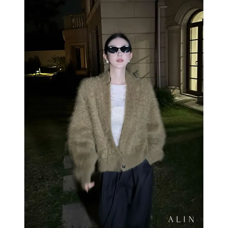 阿琳ALIN【淞音】特种动物毛慵懒风开衫女秋冬百搭拉毛毛衣AL5OZS22