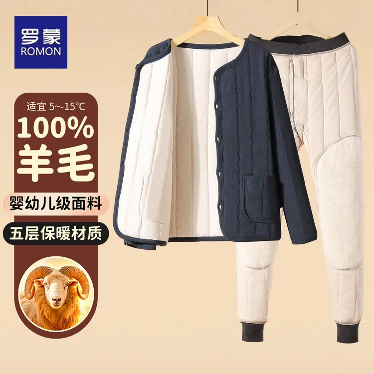 罗蒙纯羊毛开衫保暖套装中老年冬季三护加厚绒防寒棉服内胆爸爸装