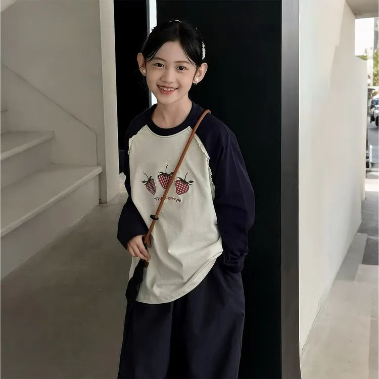女童长袖T恤2025春秋季新款中大童拼色卡通印花打底衫上衣秋装潮