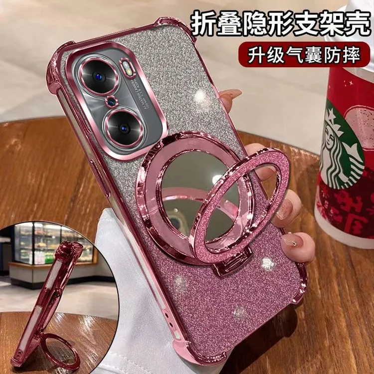 闪粉化妆镜适用荣耀60手机壳防摔壳网红磁吸支架气囊潮流全包软壳