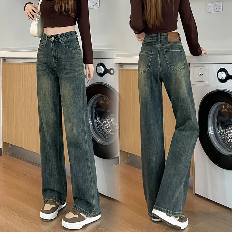 窄版直筒牛仔裤女秋季2025新款小个子高腰显瘦复古蓝色垂感阔腿裤