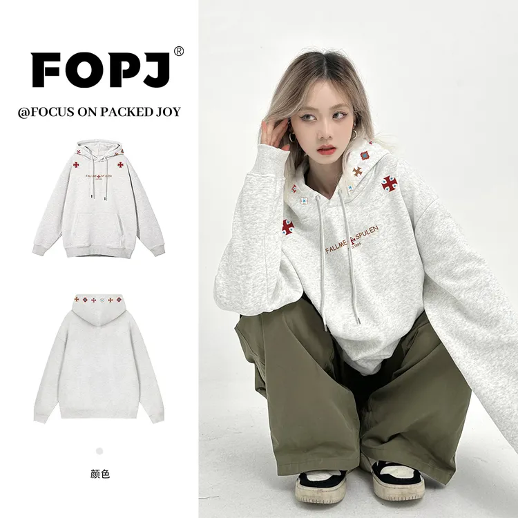 FOPJ美式复古潮牌字母印花连帽卫衣女秋冬新款宽松慵懒风休闲上衣
