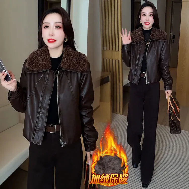 加绒加厚高级感皮衣外套女2025新款秋冬款时尚小个子显瘦保暖棉服